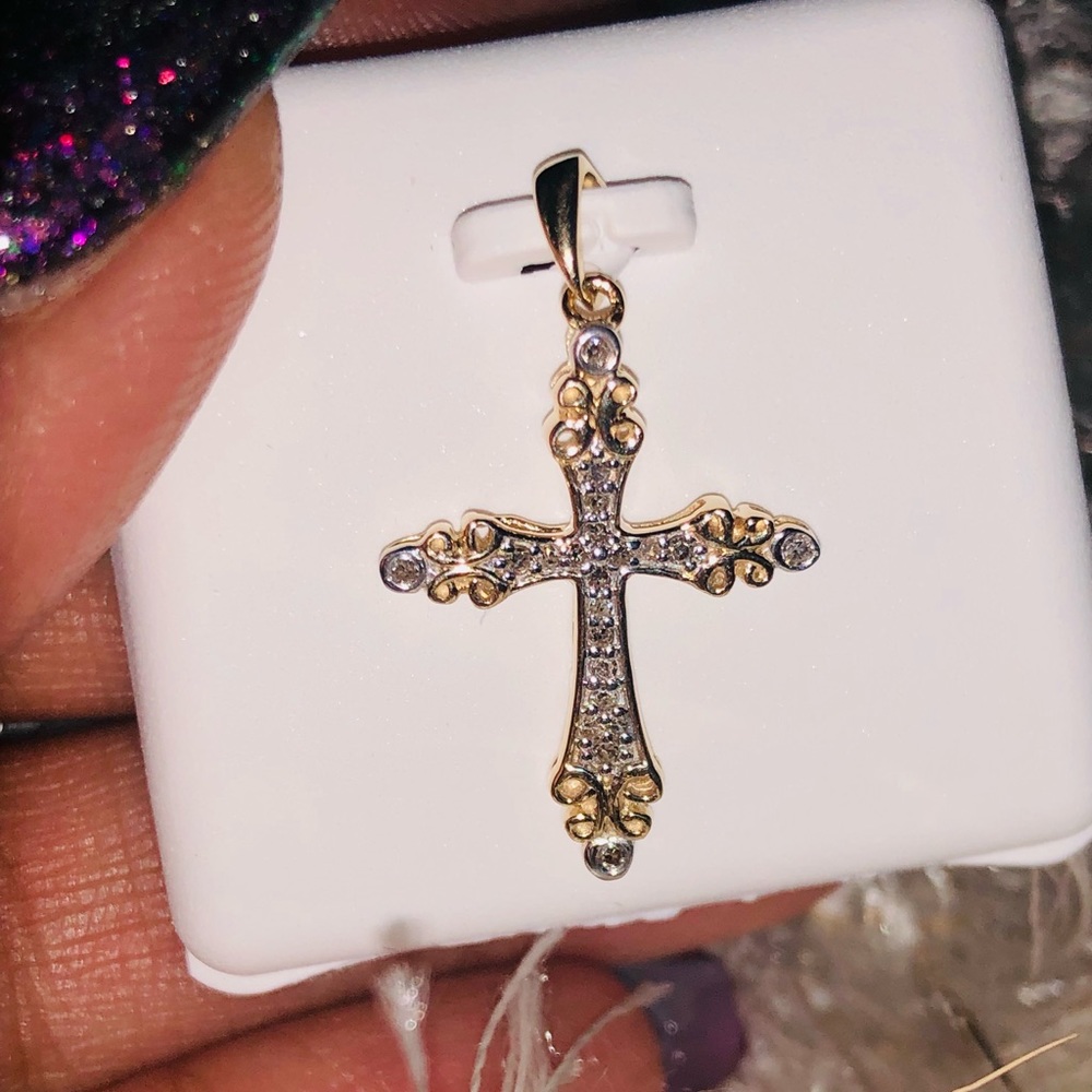 10k GOLD Vermeil genuine natural REAL DIAMOND cross pendant, Free Appraisal SALE - Picture 5 of 10
